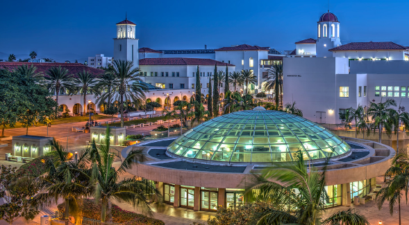 The dome of SDSU's University Library with Centennial Plaza in the background. (SDSU)